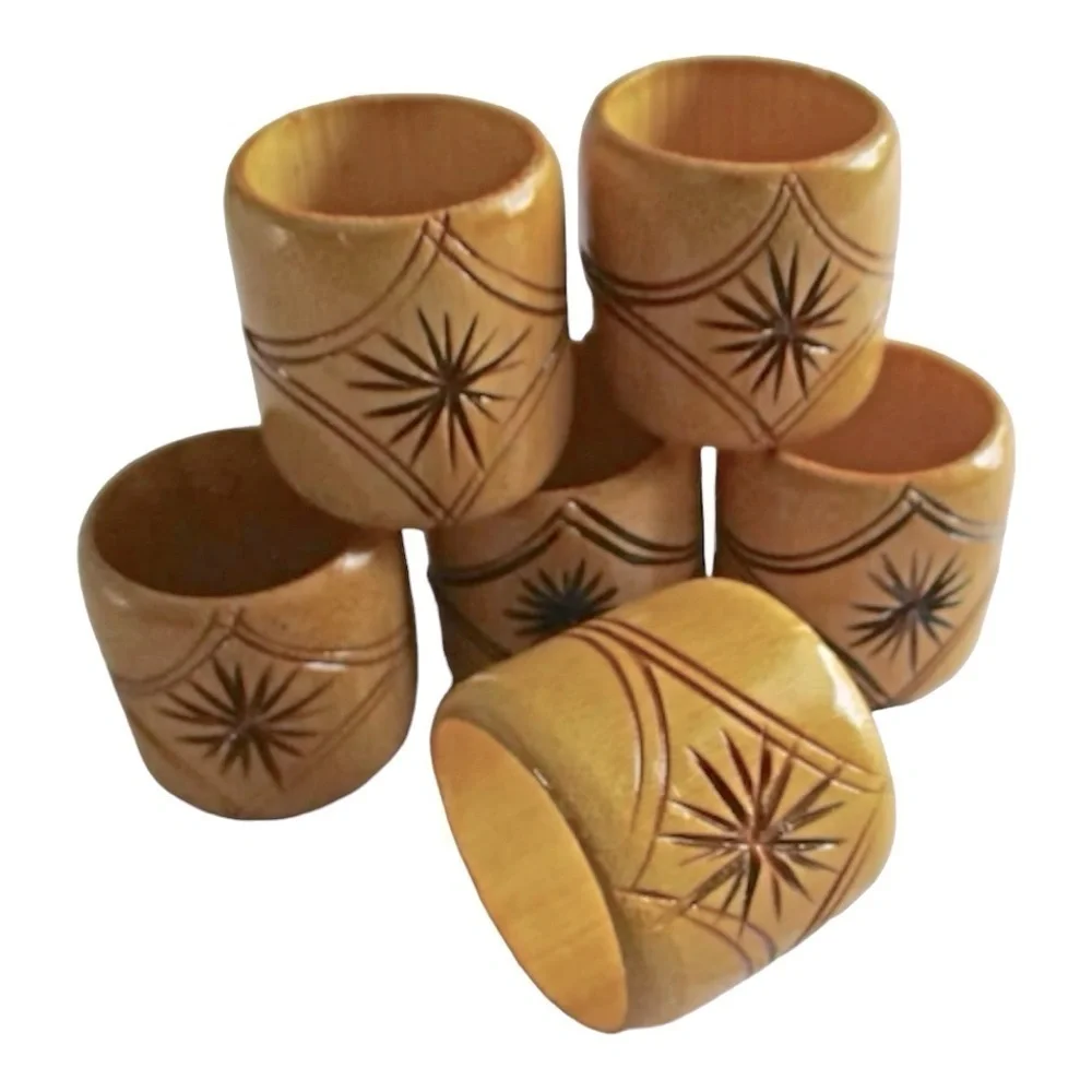Bamboo Wood Set Of 6 Napkins Rings Hand Carved Design